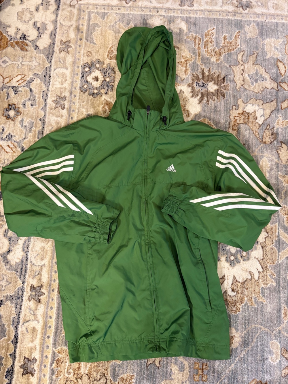 Adidas Green Hooded Athletic Jacket with White Stripes